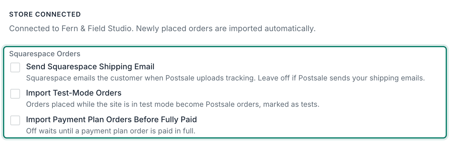 The three Squarespace Orders options are highlighted on the Import Orders screen.