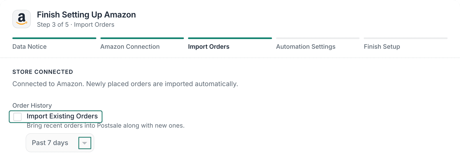Import Existing Orders is shown and 7 days is selected.