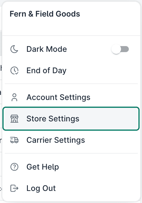 Store Settings is selected in the list of settings.