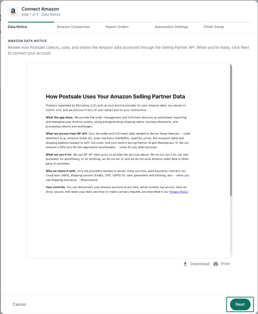 The Amazon data notice is shown. The Next button is being clicked.