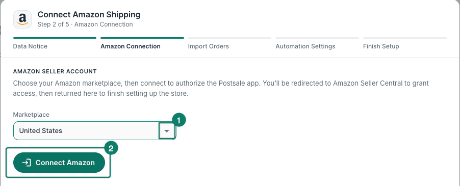 United States is selected as the Marketplace. The Connect Amazon button is being clicked.