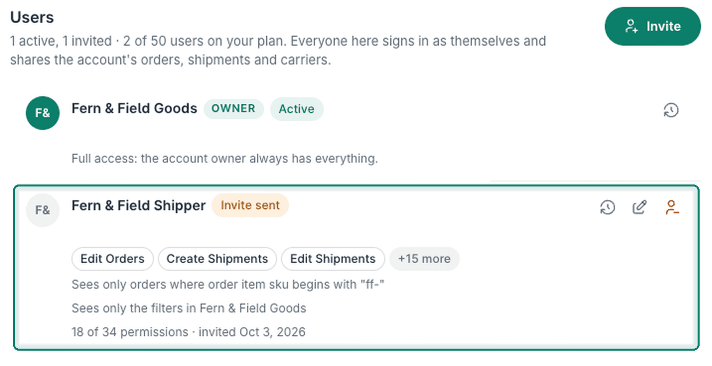 The new user is shown with a status of Invite sent.
