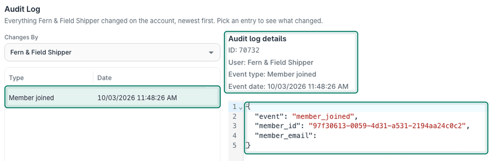 The Audit Log is shown with one activity selected.