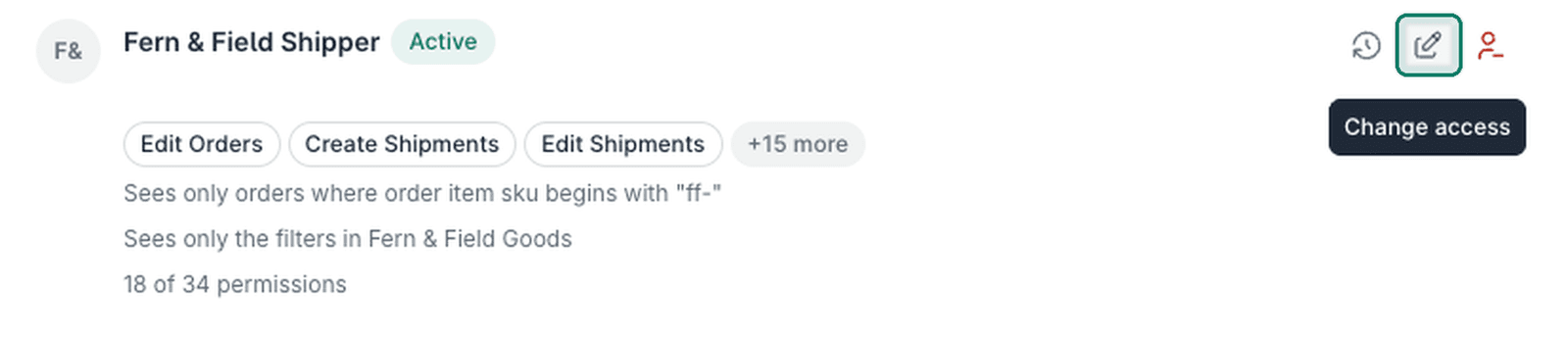 The Change access button is highlighted.