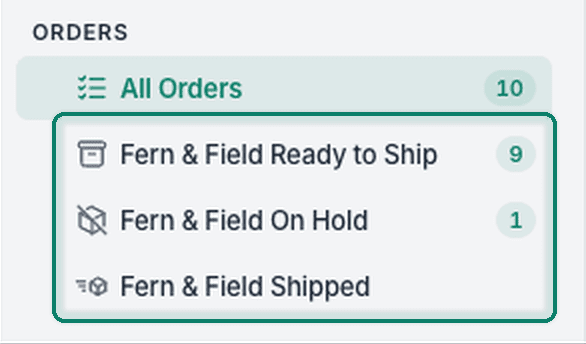 Only the three filters in the Fern & Field Goods folder are shown for the user.