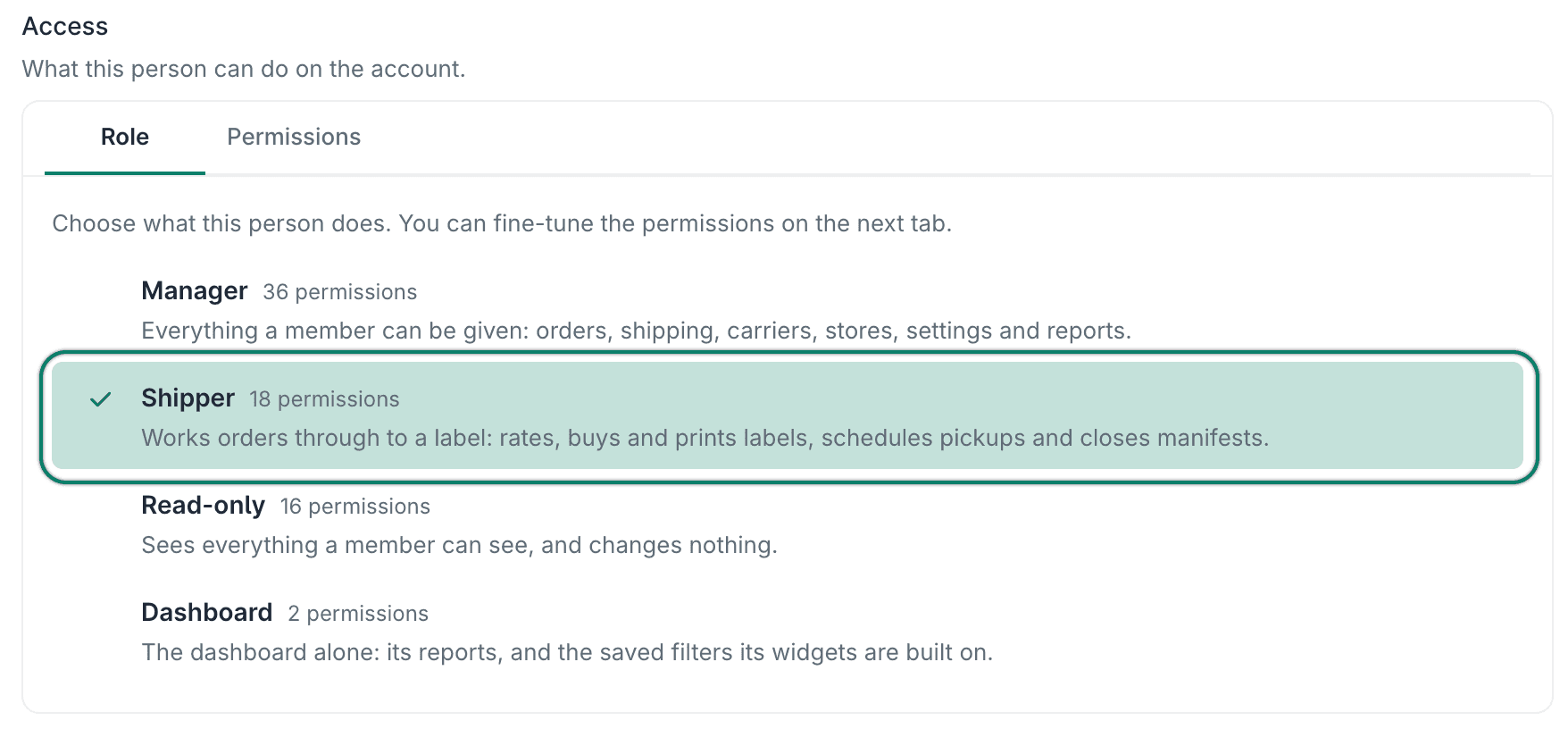 The Roles tab is selected. The Shipper role is assigned to the user.