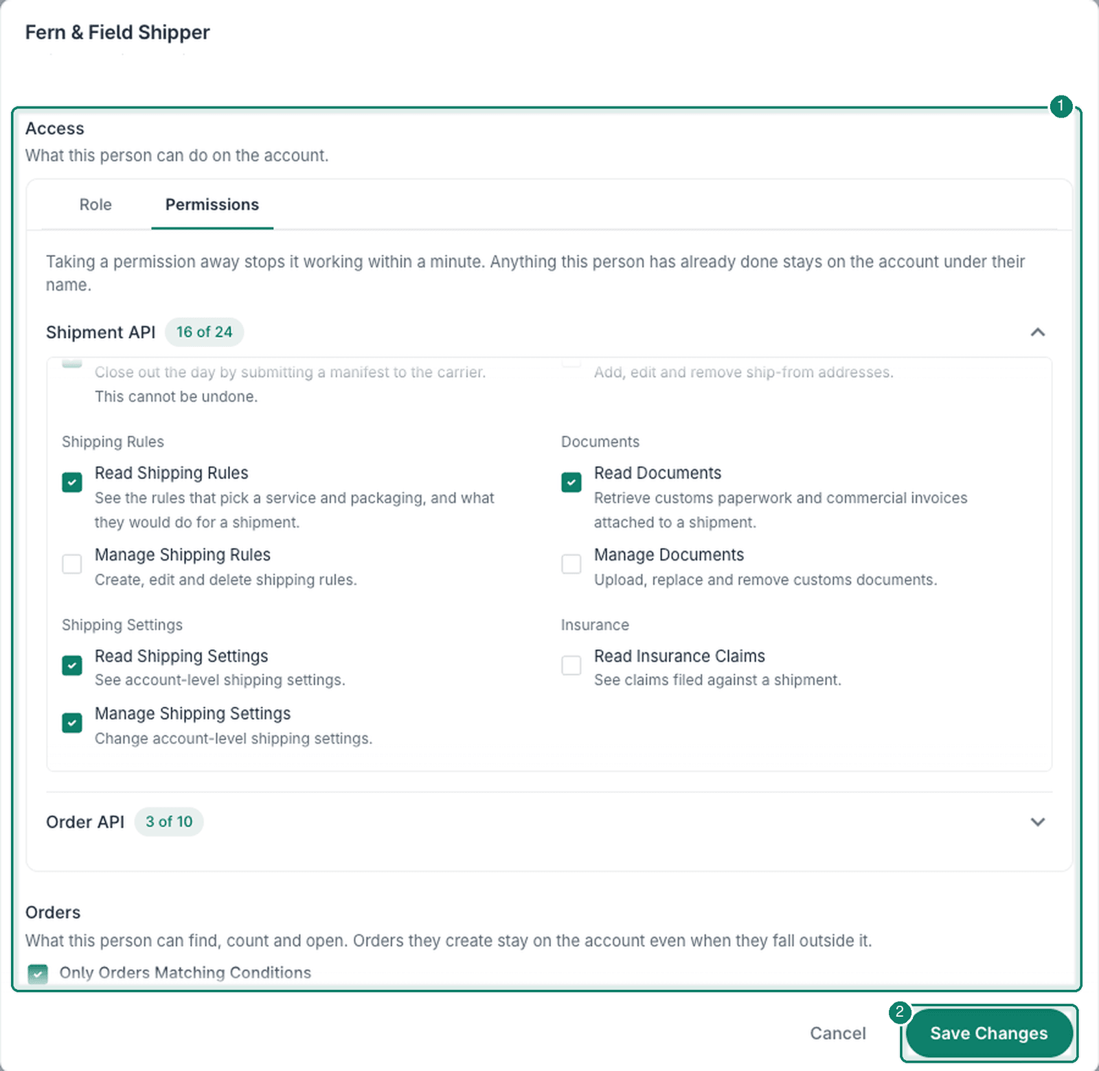 Permissions are being modified and the Save Changes button is highlighted.