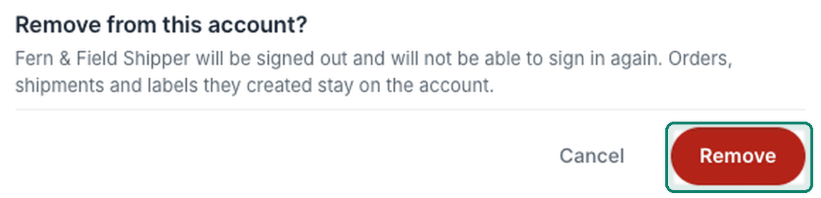 The Remove from this account confirmation message is displayed with the Remove button highlighted.