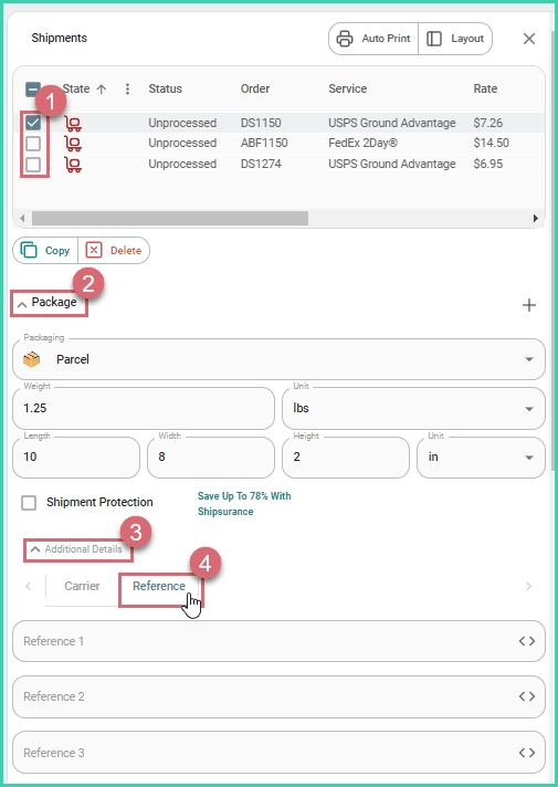 The dock is shown with packages expanded, additional details open, and the reference tab selected.