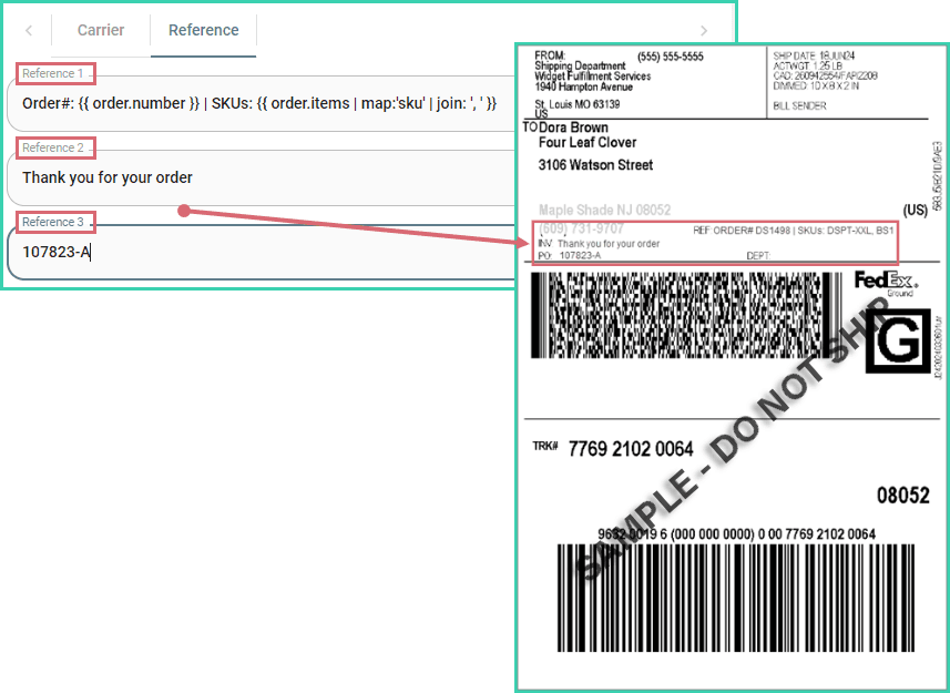 References are shown on a sample FedEx label.