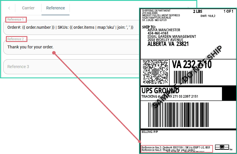 The reference fields are shown on a sample UPS label.