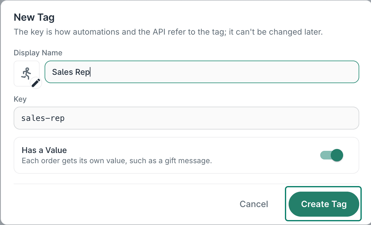 The Create Tag button is being clicked.