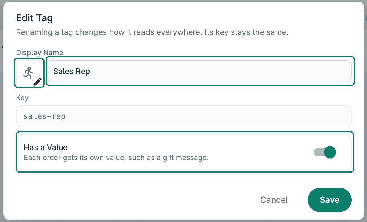 The editable fields are highlighted in the Edit Tag pop-up.