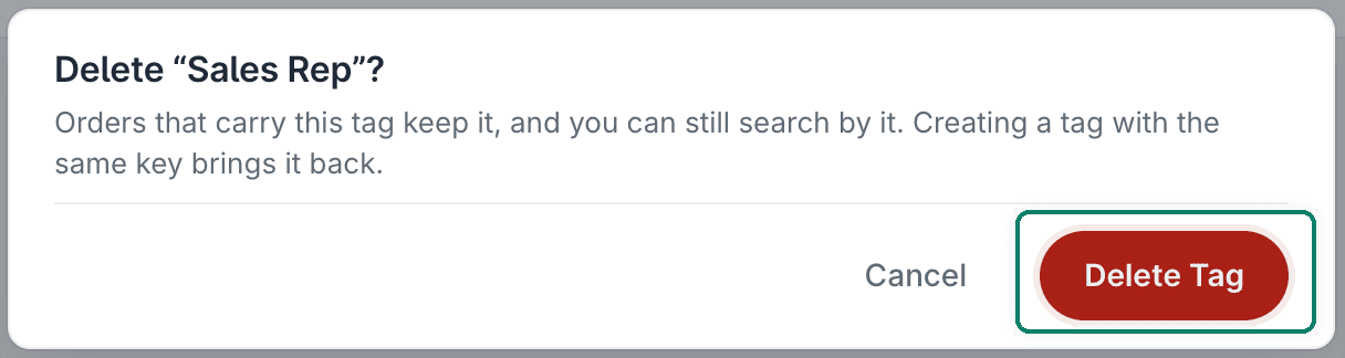 The Delete Tag button is highlighted on the confirmation pop-up.