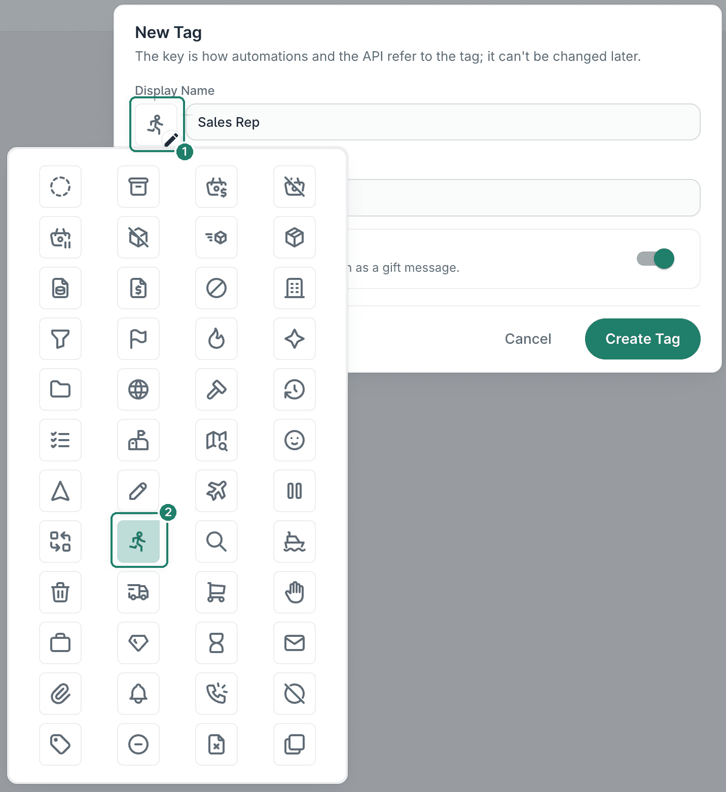 The icon panel is opened and an icon of a person walking is selected.