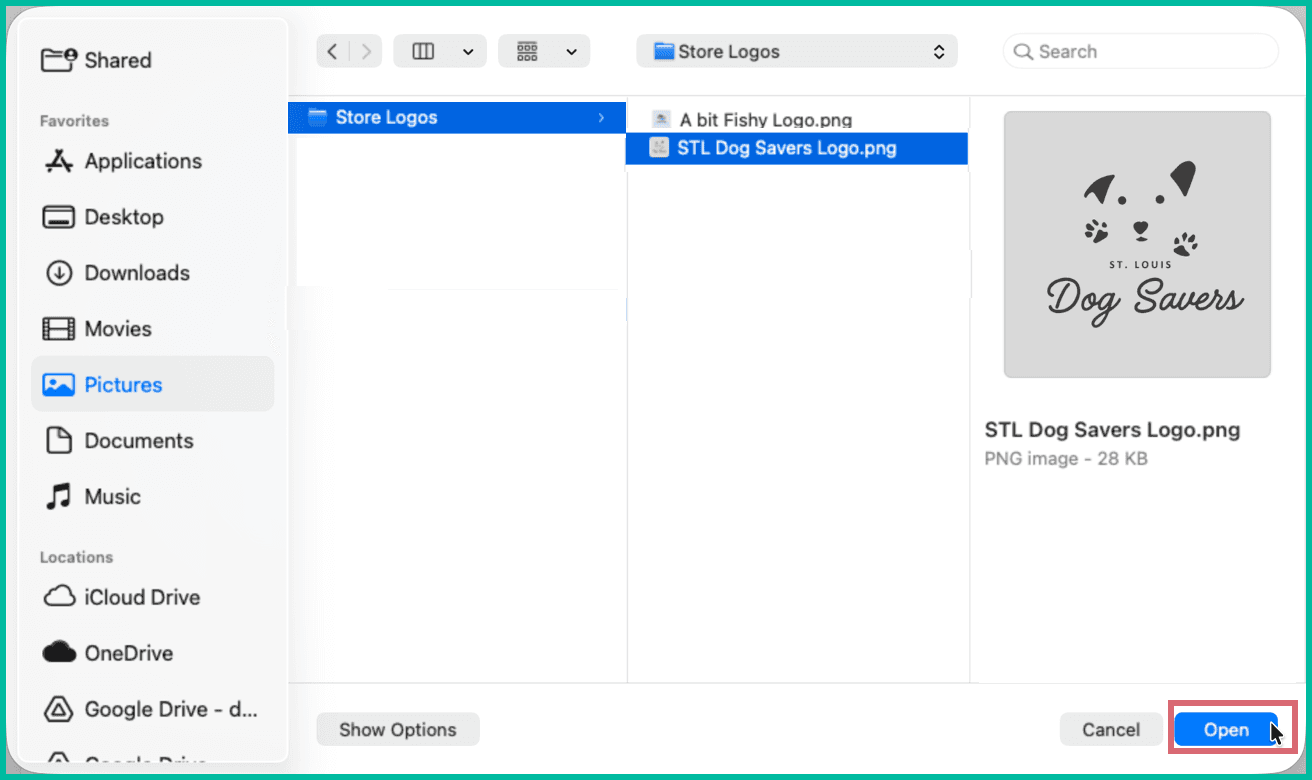 The computer browser is open, the logo is selected and the Open button is being clicked.