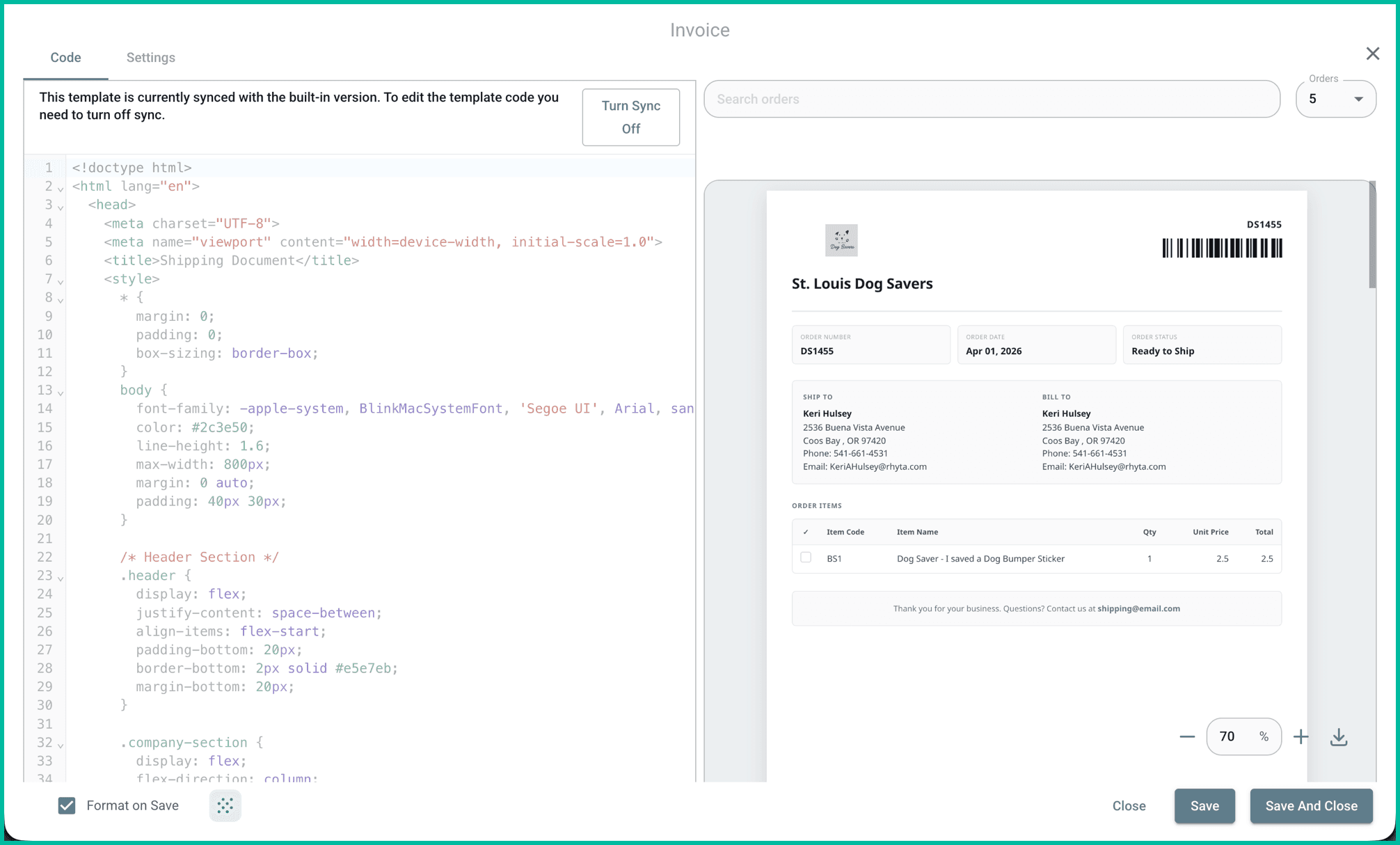 The Postsale template editor is shown.