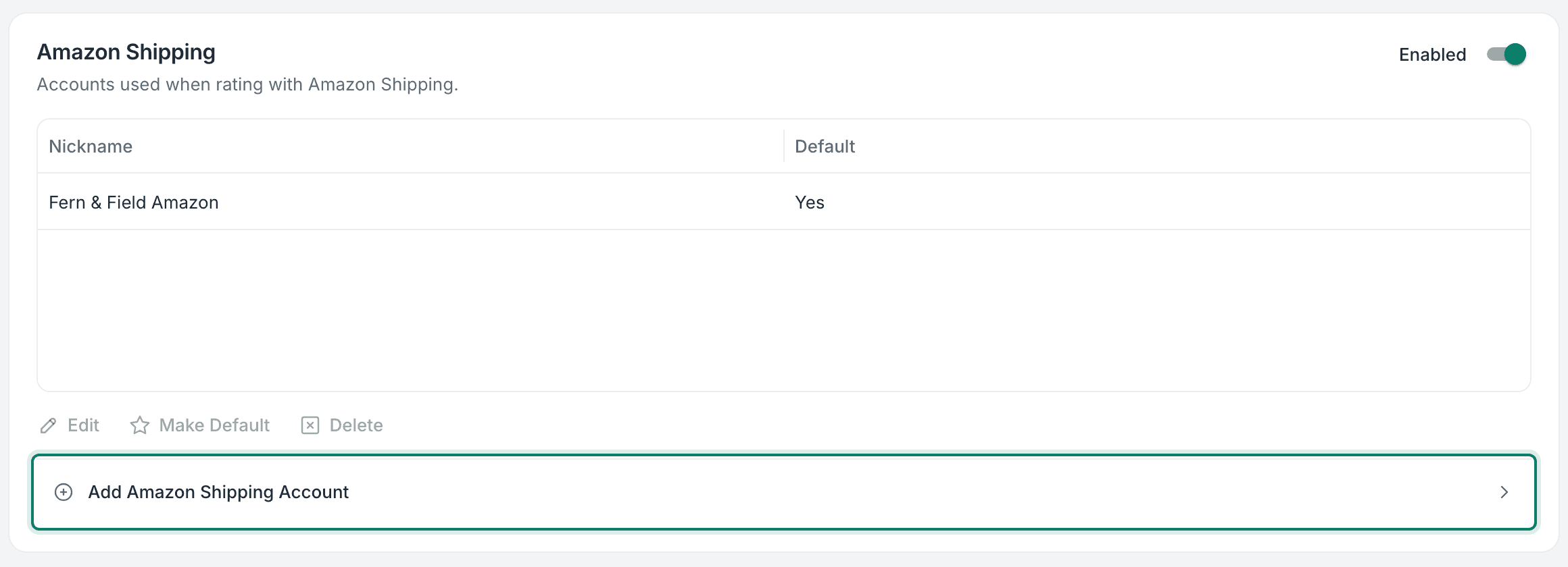 The Add Amazon Shipping Account button is outlined on the Carrier Settings page.
