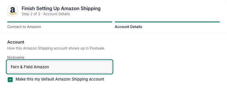The nickname Fern & Field Amazon has been entered into the Nickname field.