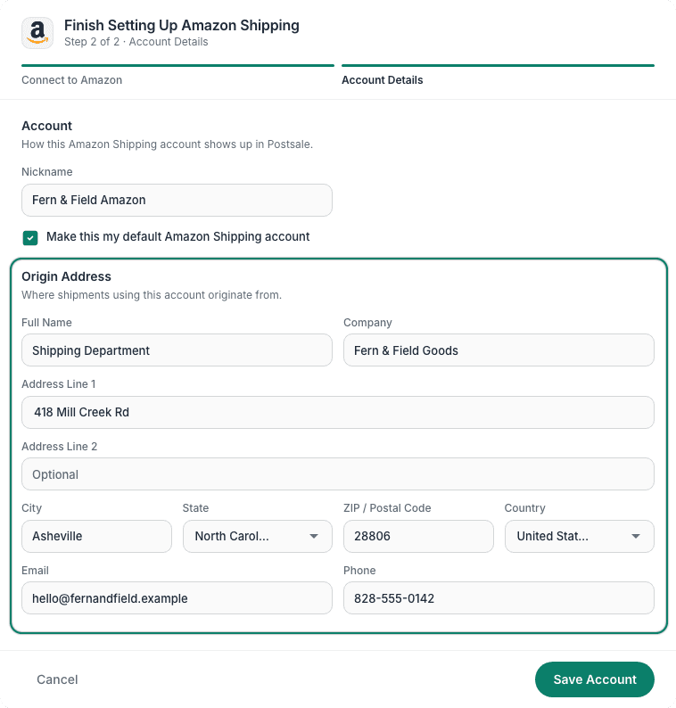 The Origin Address fields are shown in the Account Details screen.