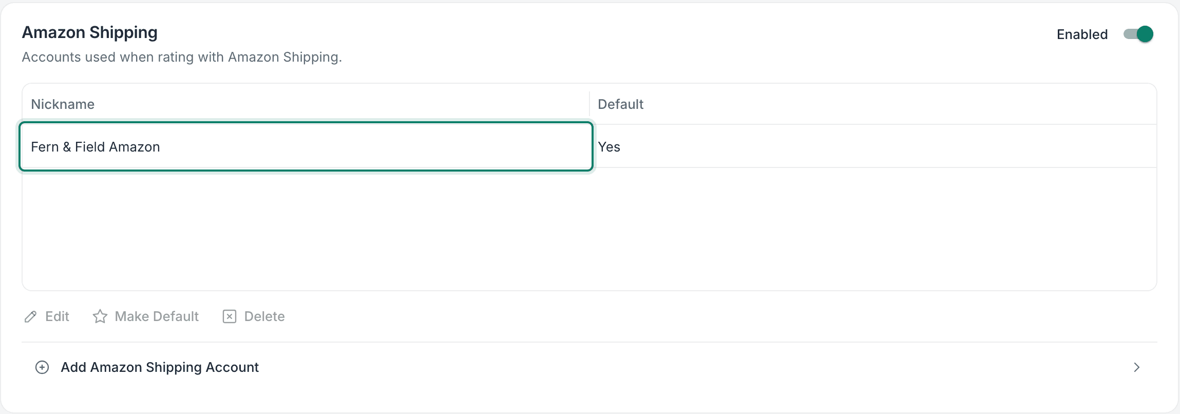 The Carrier Settings page lists the newly added Amazon Shipping account.