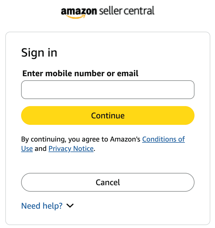 The Amazon Seller Central login screen is shown.