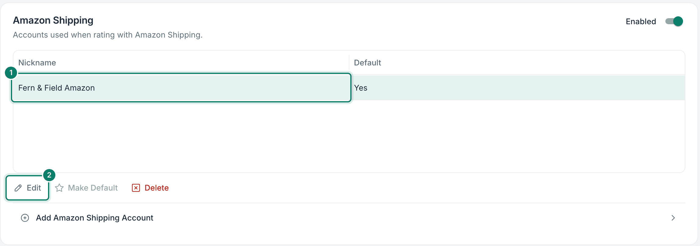 The Amazon Shipping account is selected and the Edit button is being clicked.