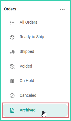 The archived filter is selected and highlighted in the list of filters in the orders menu.
