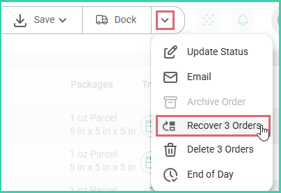 The menu is expanded and recover 3 orders is being selected.