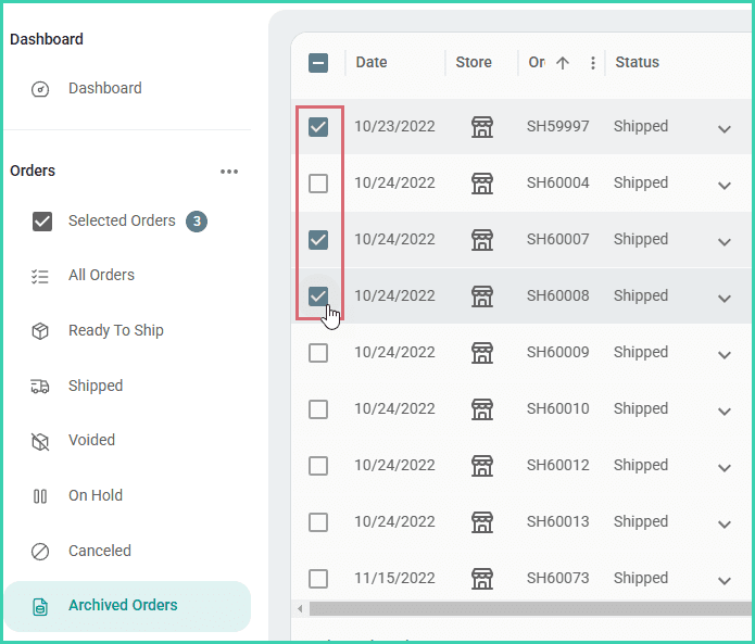 Three archived orders are selected within the archived filter.