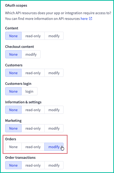 The orders scope permission is set to modify.