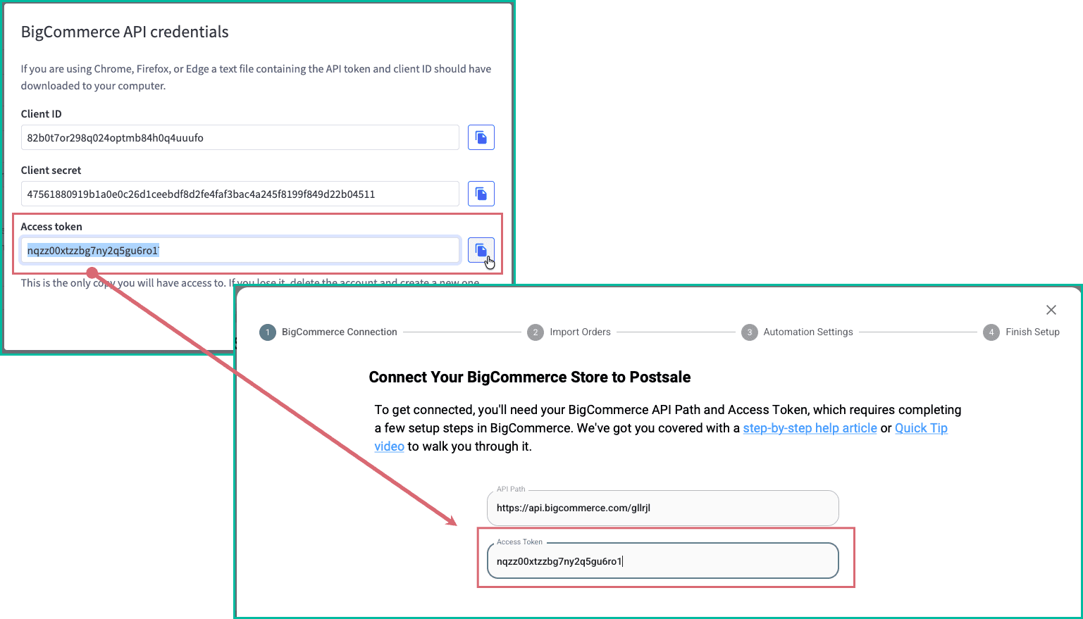 The API token is copied from BigCommerce into Postsale.