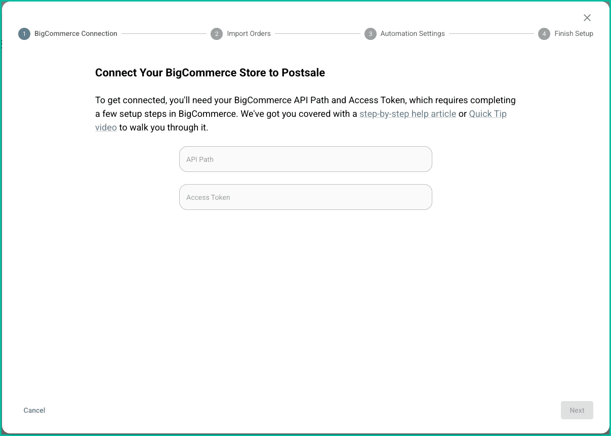 The BigCommerce setup screen is shown.