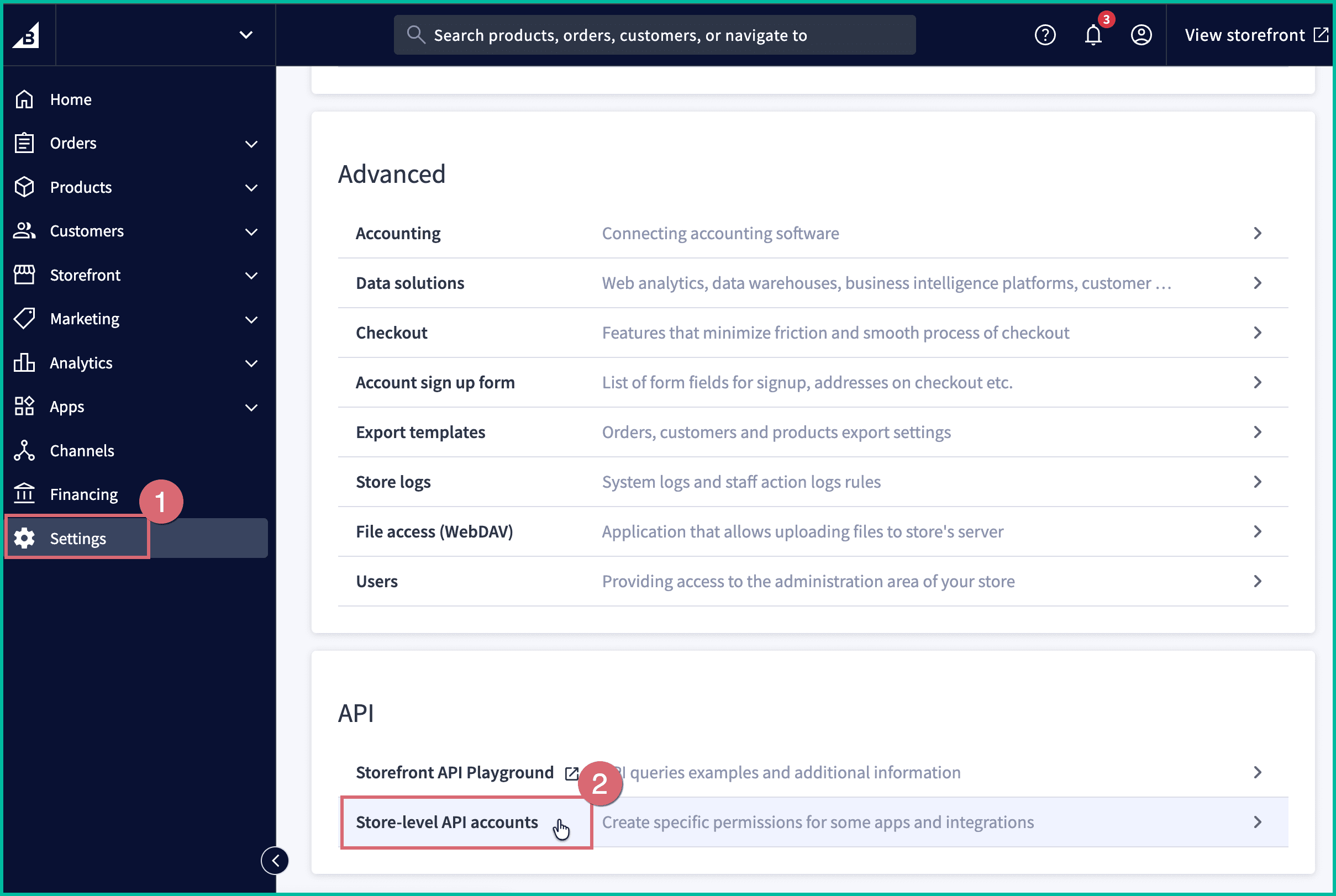 Settings > Store-level API accounts is being clicked in BigCommerce.