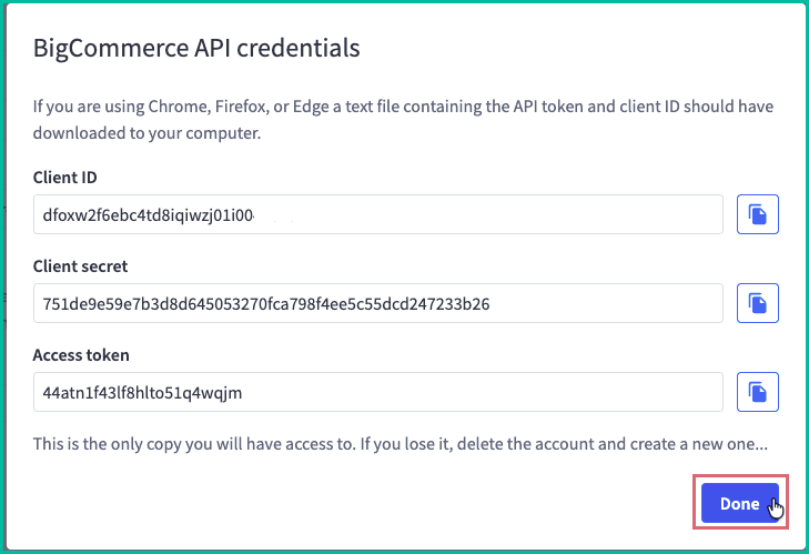 The Done button is being clicked in BigCommerce.
