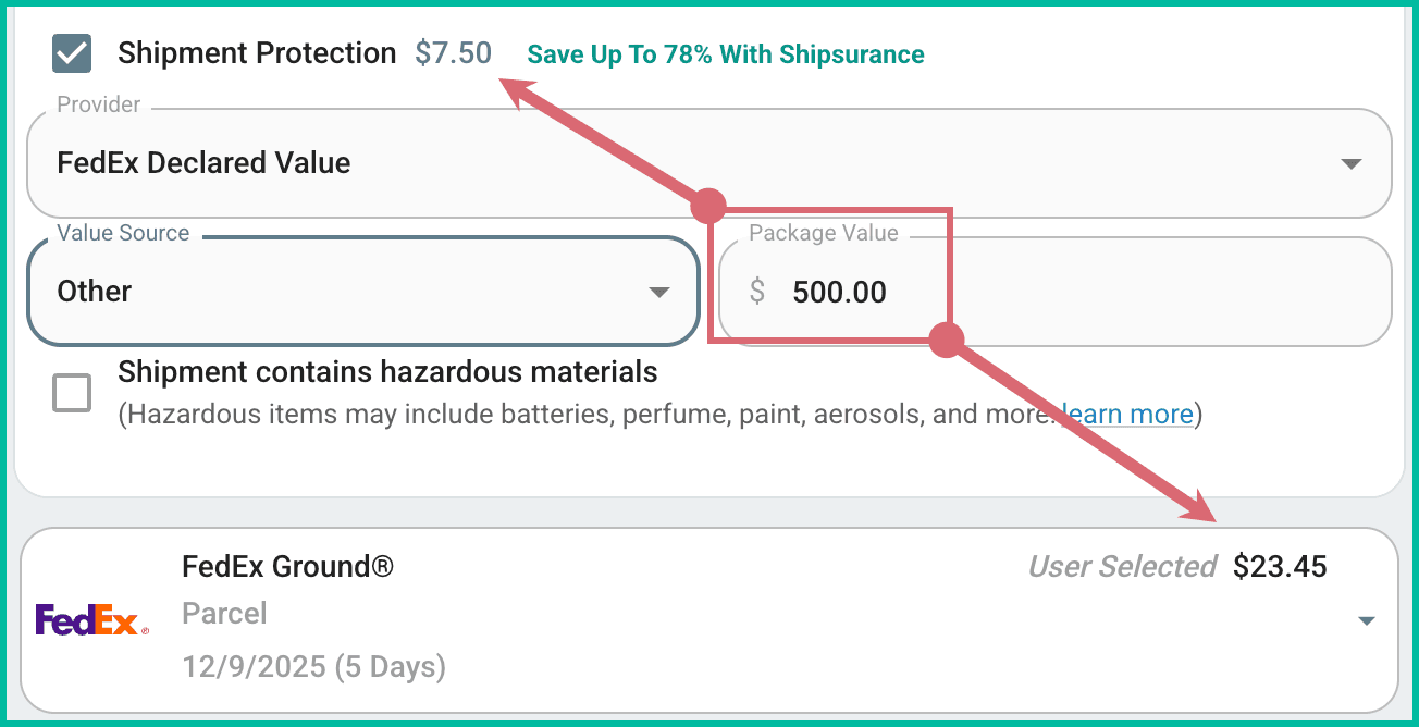 Five hundred dollars shows as the package value. Additional charges are shown by FedEx.