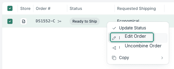 Edit Order is selected from the menu options.