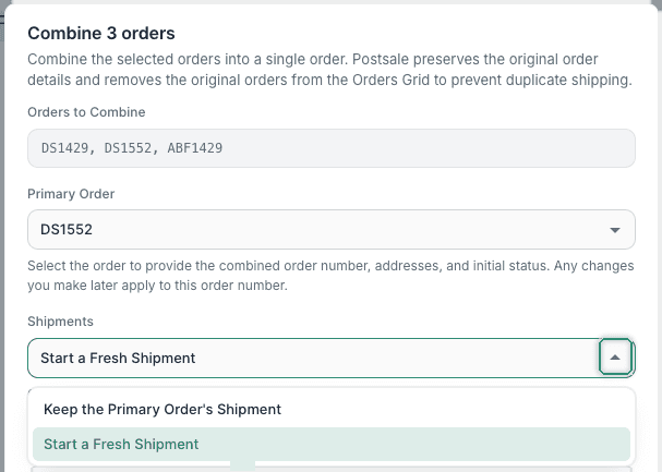 Start a Fresh Shipment has been selected.