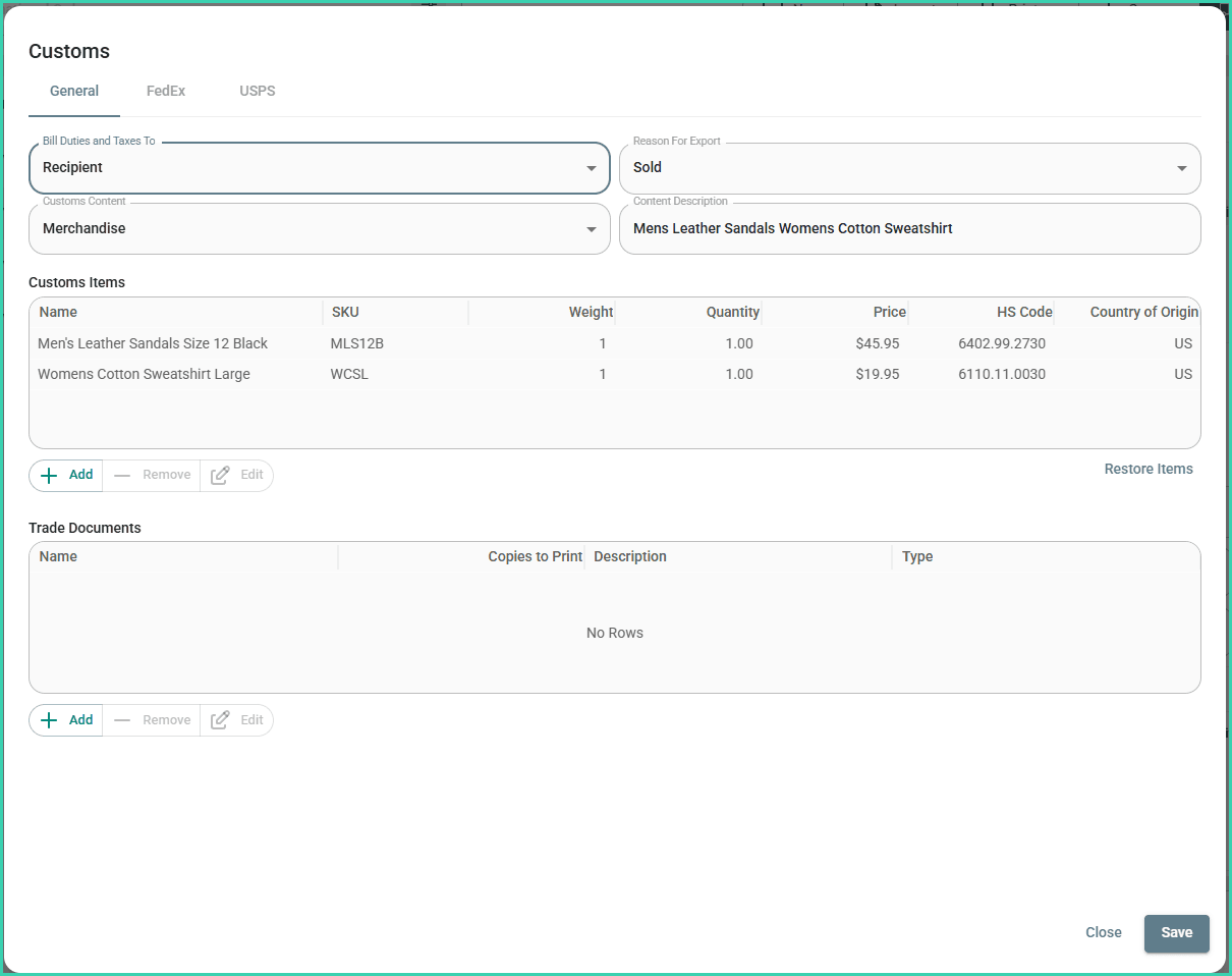 The customs pop-up is shown.