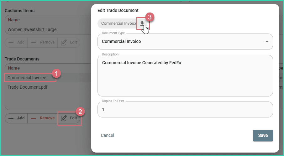 The download icon is being clicked to download a commercial invoice.
