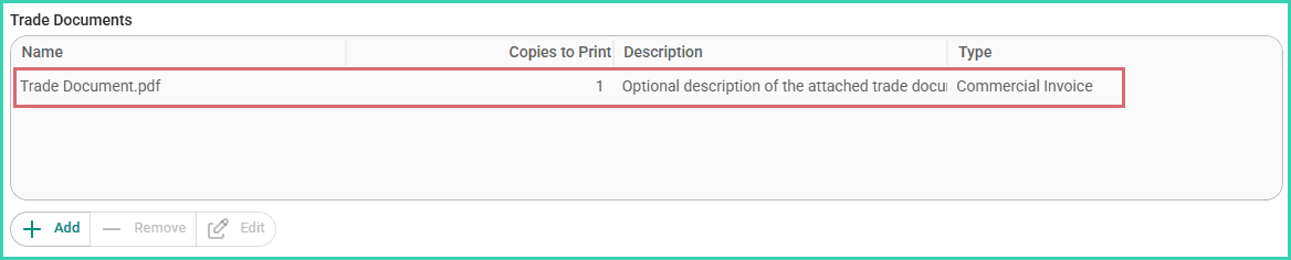 The uploaded document is shown in the trade documents section.