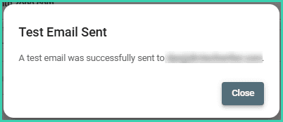 Popup indicating that the test email was sent successfully.
