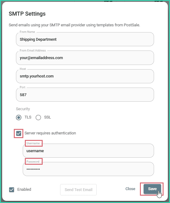Security is enabled and the username and password are entered.