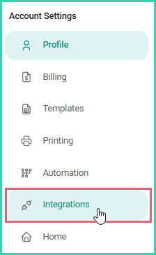 The integrations link is being clicked in the account setting, left-side menu.