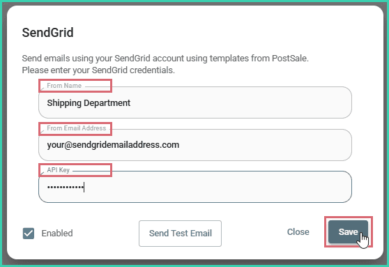The SendGrid setup screen is displayed with all fields filled in and the Save button being clicked.