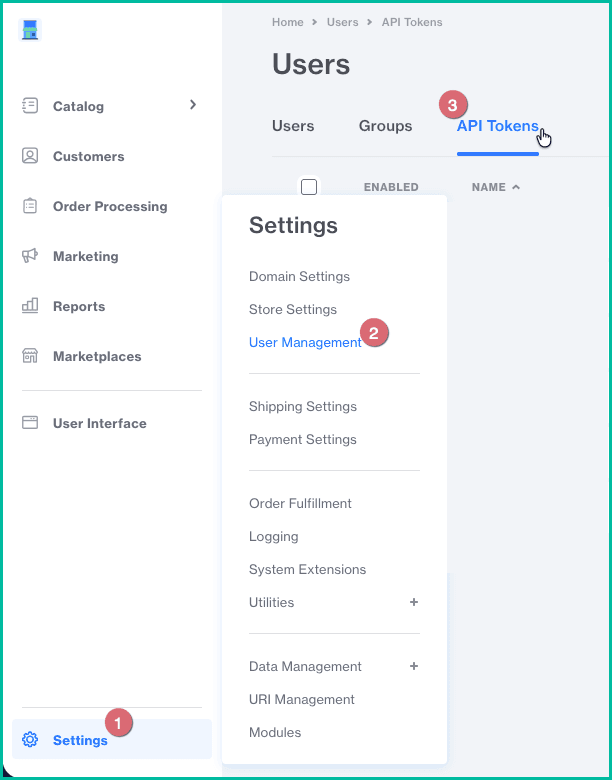 In Miva, the navigation path to Settings > User Management > API Tokens is shown.