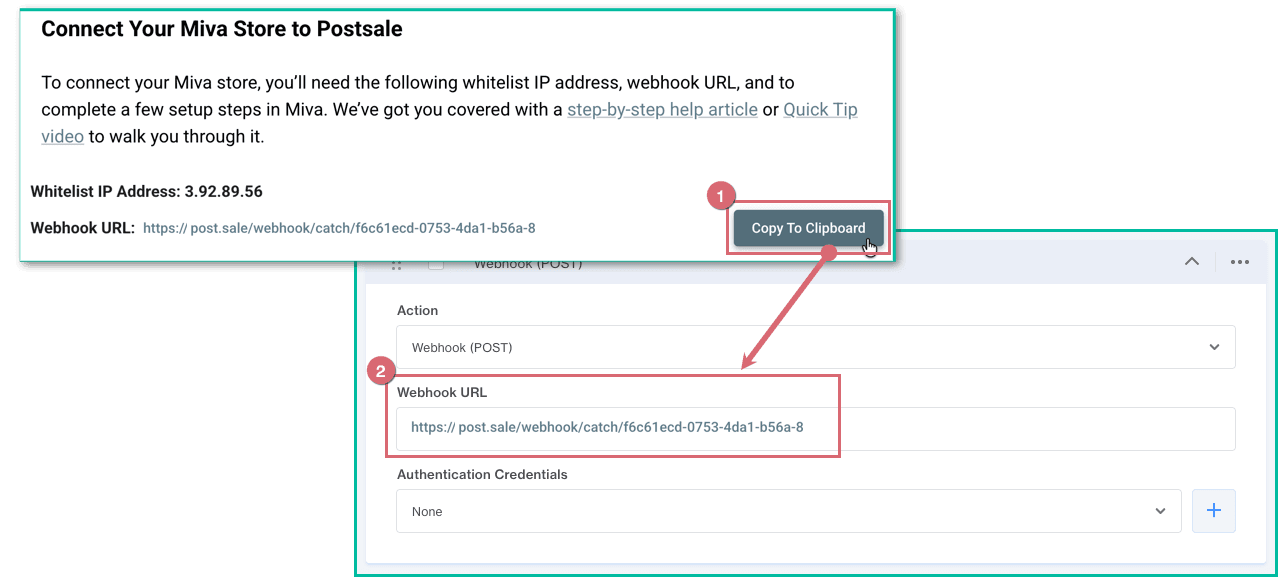 The webhook URL is copied from Postsale into Miva.