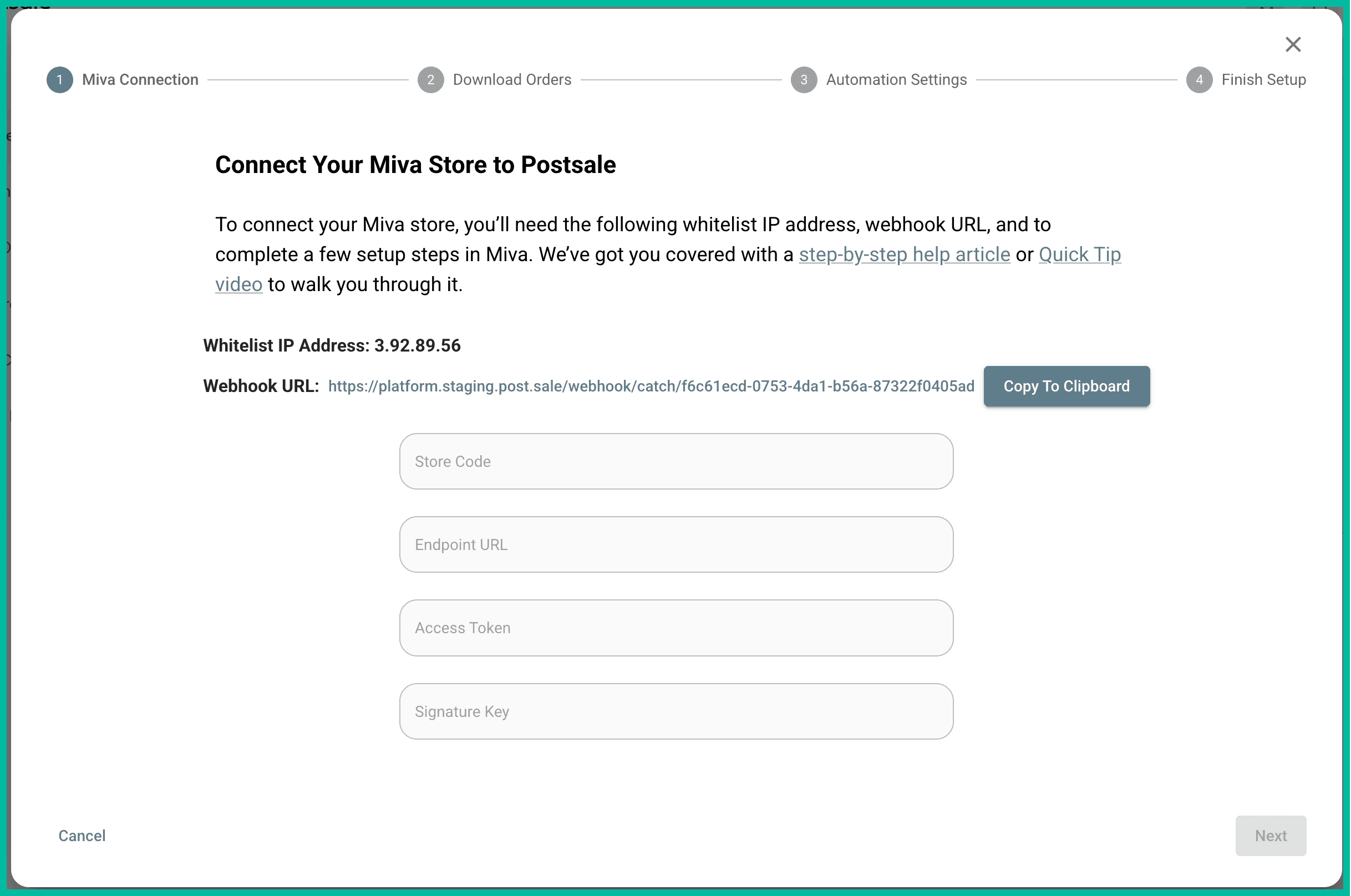 The Miva setup screen is shown.