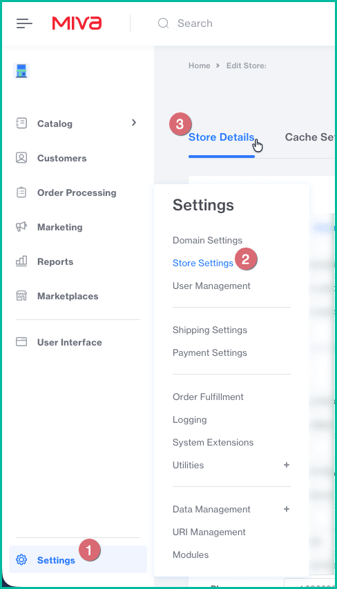 Miva admin is shown with the path Settings > Store Settings > Store Details being navigated to.