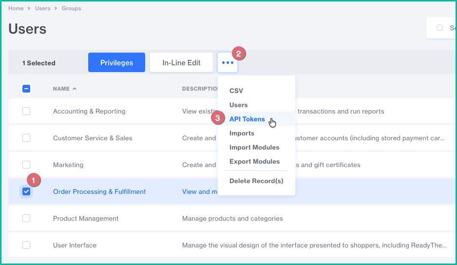 Order processing and fulfilllment is selected, ApPI tokens is selected from the kabob menu.